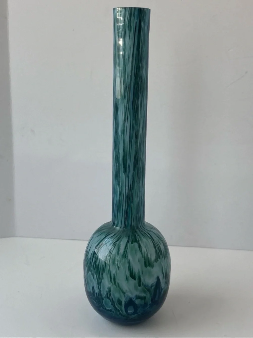 Thomas Germany Art Glass Bud Vase MCM Blue Teal Swirl Hand Blown 8